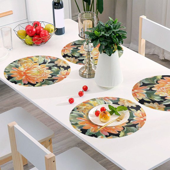 Round Grid Placemat ,One Sizex1, Round Placemat, PVC Plate Mat，15.4 Inch Non-Slip and Heat Resistant, Table Placemat, Dining Room Placemat Gold Chrysanthemums