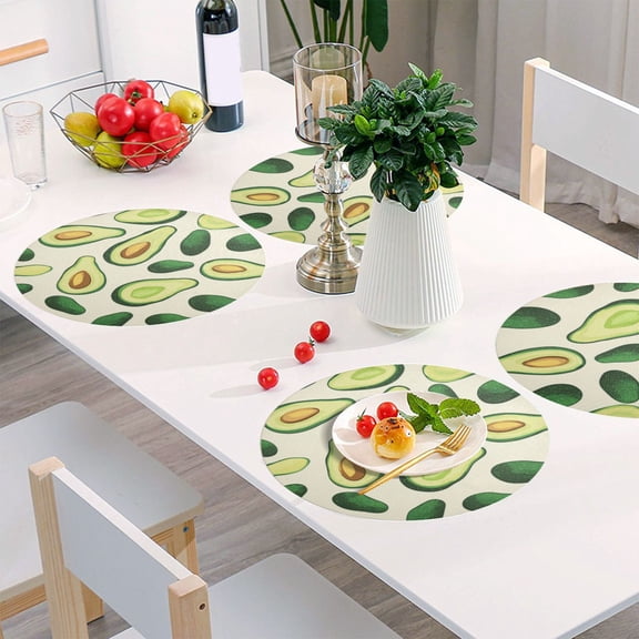 Round Grid Placemat ,One Sizex1, Round Placemat, PVC Plate Mat，15.4 Inch Non-Slip and Heat Resistant, Table Placemat, Dining Room Placemat Green Avocados