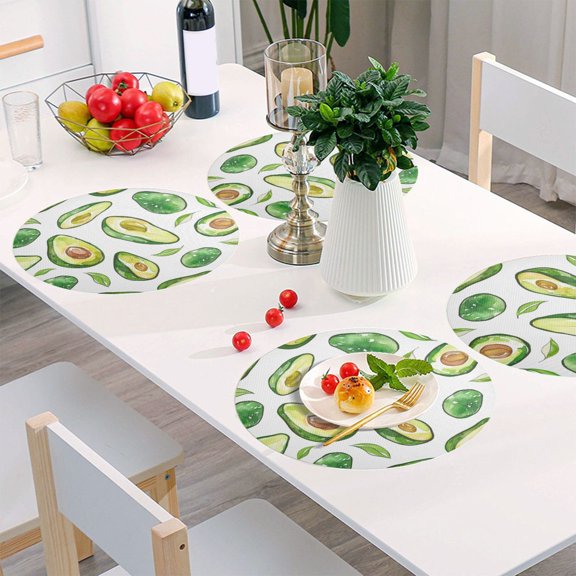 Round Grid Placemat ,One Sizex1, Round Placemat, PVC Plate Mat，15.4 Inch Non-Slip and Heat Resistant, Table Placemat, Dining Room Placemat Green Avocados