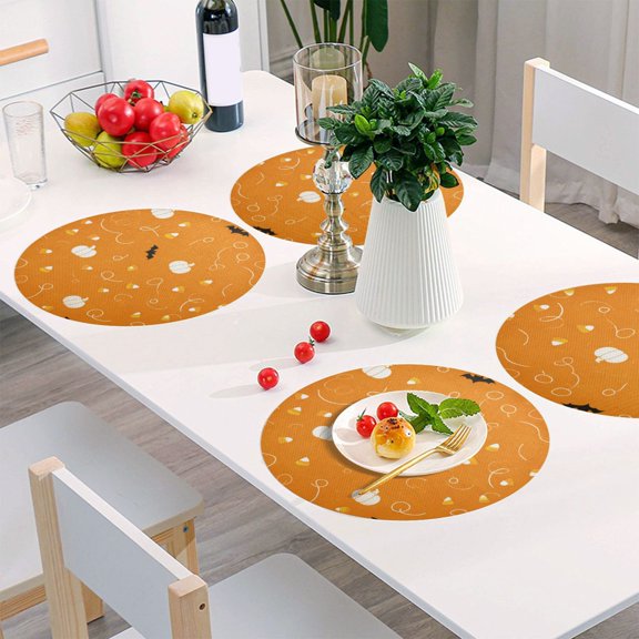 Round Grid Placemat ,One Sizex1, Round Placemat, PVC Plate Mat，15.4 Inch Non-Slip and Heat Resistant, Table Placemat, Dining Room Placemat Halloween Cartoon Bats