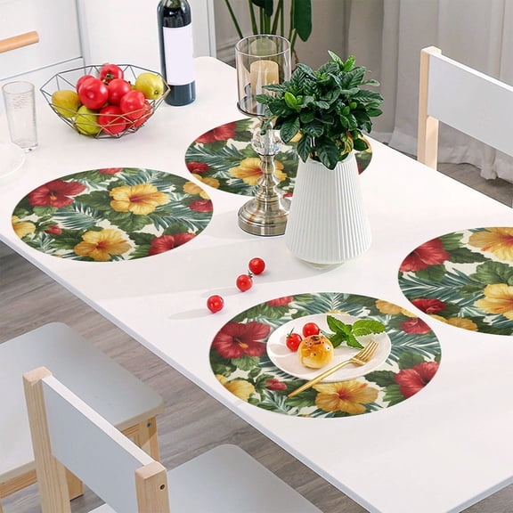 Round Grid Placemat ,One Sizex1, Round Placemat, PVC Plate Mat,15.4 Inch Non-Slip and Heat Resistant, Table Placemat, Dining Room Placemat Hawaiian Flower Palm Leaves