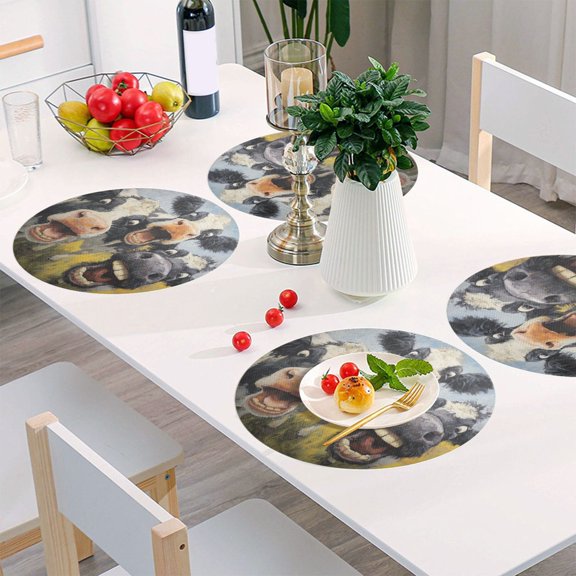 Round Grid Placemat ,One Sizex1, Round Placemat, PVC Plate Mat,15.4 Inch Non-Slip and Heat Resistant, Table Placemat, Dining Room Placemat Laughing Cows
