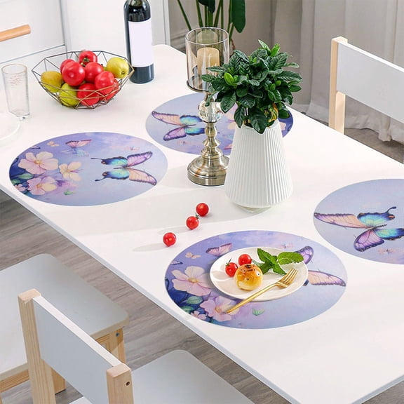 Round Grid Placemat ,One Sizex1, Round Placemat, PVC Plate Mat，15.4 Inch Non-Slip and Heat Resistant, Table Placemat, Dining Room Placemat Light Purple Rainbow Butterfly