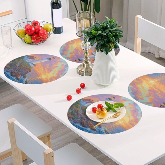 Round Grid Placemat ,One Sizex1, Round Placemat, PVC Plate Mat,15.4 Inch Non-Slip and Heat Resistant, Table Placemat, Dining Room Placemat Lighthouse by The Sea