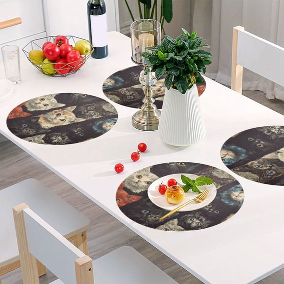 Round Grid Placemat ,One Sizex1, Round Placemat, PVC Plate Mat，15.4 Inch Non-Slip and Heat Resistant, Table Placemat, Dining Room Placemat Little Colored Cat2