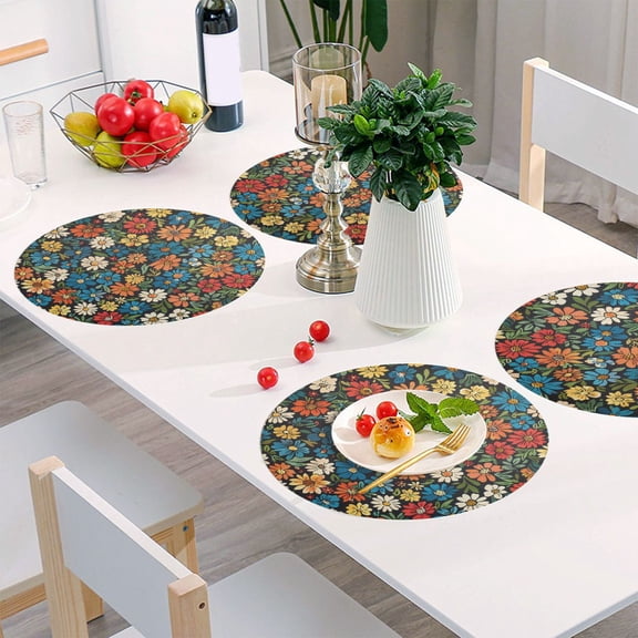 Round Grid Placemat ,One Sizex1, Round Placemat, PVC Plate Mat，15.4 Inch Non-Slip and Heat Resistant, Table Placemat, Dining Room Placemat Little Flowers Seamless