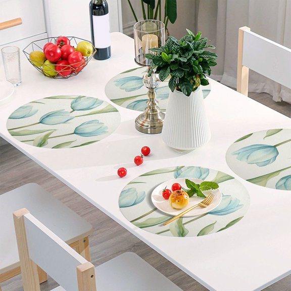 Round Grid Placemat ,One Sizex1, Round Placemat, PVC Plate Mat，15.4 Inch Non-Slip and Heat Resistant, Table Placemat, Dining Room Placemat Lovely Blue Tulips