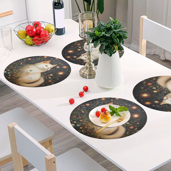Round Grid Placemat ,One Sizex1, Round Placemat, PVC Plate Mat，15.4 Inch Non-Slip and Heat Resistant, Table Placemat, Dining Room Placemat Magic White Cat