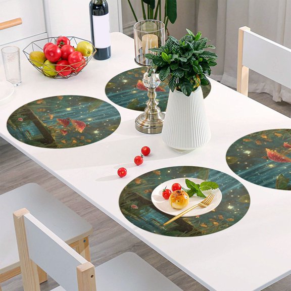 Round Grid Placemat ,One Sizex1, Round Placemat, PVC Plate Mat，15.4 Inch Non-Slip and Heat Resistant, Table Placemat, Dining Room Placemat Moonlight Waterfall Mushroom