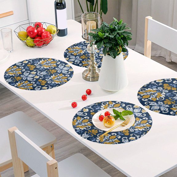 Round Grid Placemat ,One Sizex1, Round Placemat, PVC Plate Mat，15.4 Inch Non-Slip and Heat Resistant, Table Placemat, Dining Room Placemat Navy Damask Golden Florals