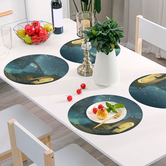 Round Grid Placemat ,One Sizex1, Round Placemat, PVC Plate Mat，15.4 Inch Non-Slip and Heat Resistant, Table Placemat, Dining Room Placemat Old Man Bridge River Scene