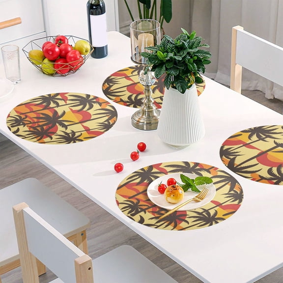 Round Grid Placemat ,One Sizex1, Round Placemat, PVC Plate Mat，15.4 Inch Non-Slip and Heat Resistant, Table Placemat, Dining Room Placemat Orange Coconut Trees