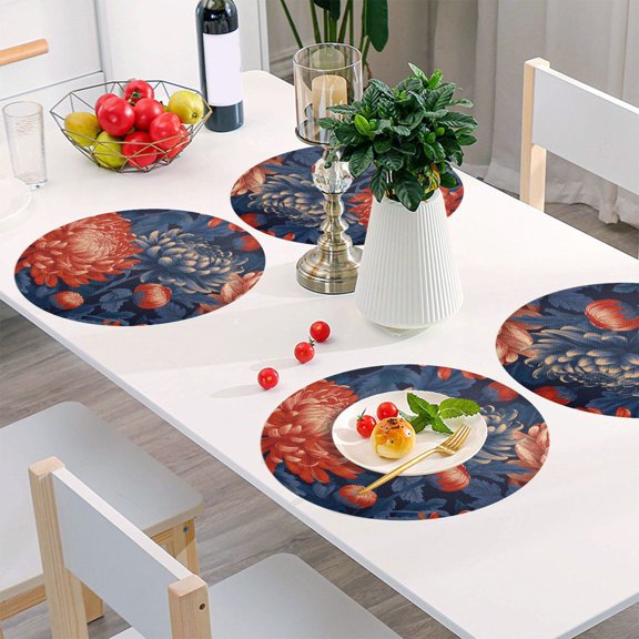 Round Grid Placemat ,One Sizex1, Round Placemat, PVC Plate Mat，15.4 Inch Non-Slip and Heat Resistant, Table Placemat, Dining Room Placemat Orange Deep Blue Chrysanthemums