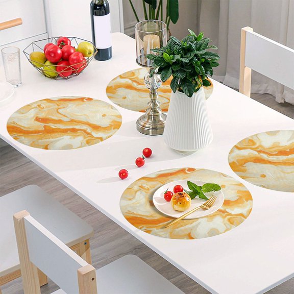 Round Grid Placemat ,One Sizex1, Round Placemat, PVC Plate Mat，15.4 Inch Non-Slip and Heat Resistant, Table Placemat, Dining Room Placemat Orange Marble