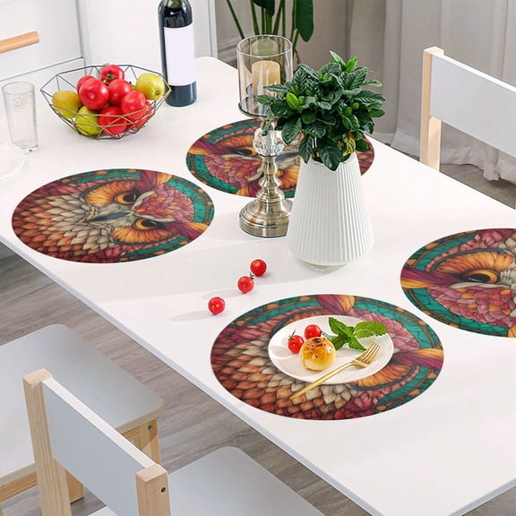 Round Grid Placemat ,One Sizex1, Round Placemat, PVC Plate Mat，15.4 Inch Non-Slip and Heat Resistant, Table Placemat, Dining Room Placemat Owl Stained Glass