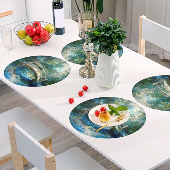 Round Grid Placemat ,One Sizex1, Round Placemat, PVC Plate Mat，15.4 Inch Non-Slip and Heat Resistant, Table Placemat, Dining Room Placemat Painting Bridge