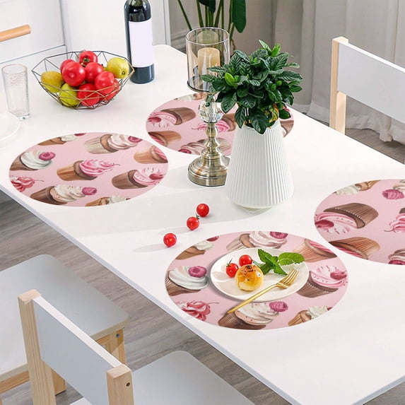 Round Grid Placemat ,One Sizex1, Round Placemat, PVC Plate Mat,15.4 Inch Non-Slip and Heat Resistant, Table Placemat, Dining Room Placemat Pink Cupcake