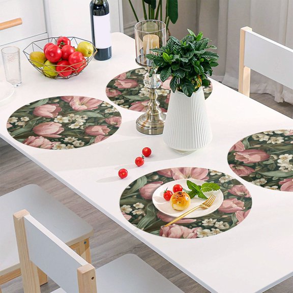 Round Grid Placemat ,One Sizex1, Round Placemat, PVC Plate Mat，15.4 Inch Non-Slip and Heat Resistant, Table Placemat, Dining Room Placemat Pink Tulips Beautiful