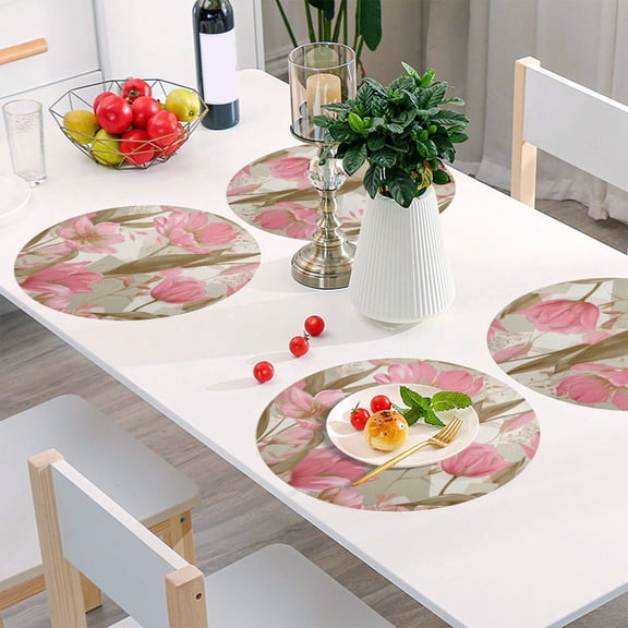 Round Grid Placemat ,One Sizex1, Round Placemat, PVC Plate Mat，15.4 Inch Non-Slip and Heat Resistant, Table Placemat, Dining Room Placemat Pink Tulips