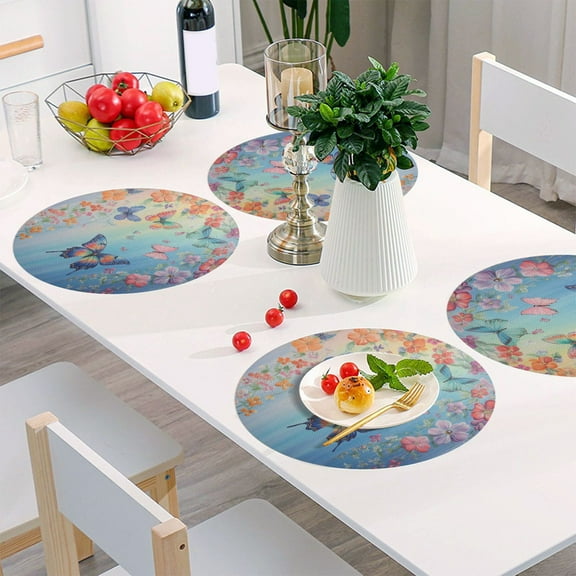 Round Grid Placemat ,One Sizex1, Round Placemat, PVC Plate Mat，15.4 Inch Non-Slip and Heat Resistant, Table Placemat, Dining Room Placemat Pretty Light Blue Butterfly