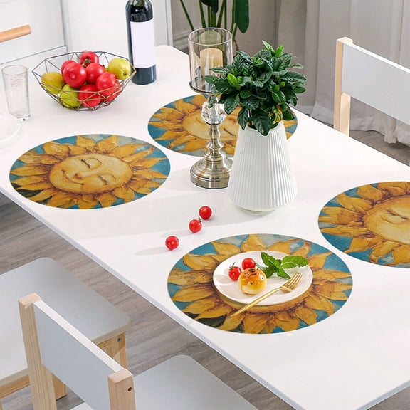 Round Grid Placemat ,One Sizex1, Round Placemat, PVC Plate Mat，15.4 Inch Non-Slip and Heat Resistant, Table Placemat, Dining Room Placemat Pretty Smile Sun