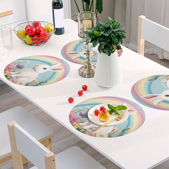 Round Grid Placemat ,One Sizex1, Round Placemat, PVC Plate Mat，15.4 Inch Non-Slip and Heat Resistant, Table Placemat, Dining Room Placemat Rainbow Flower Rabbit
