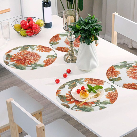 Round Grid Placemat ,One Sizex1, Round Placemat, PVC Plate Mat，15.4 Inch Non-Slip and Heat Resistant, Table Placemat, Dining Room Placemat Red Chrysanthemums