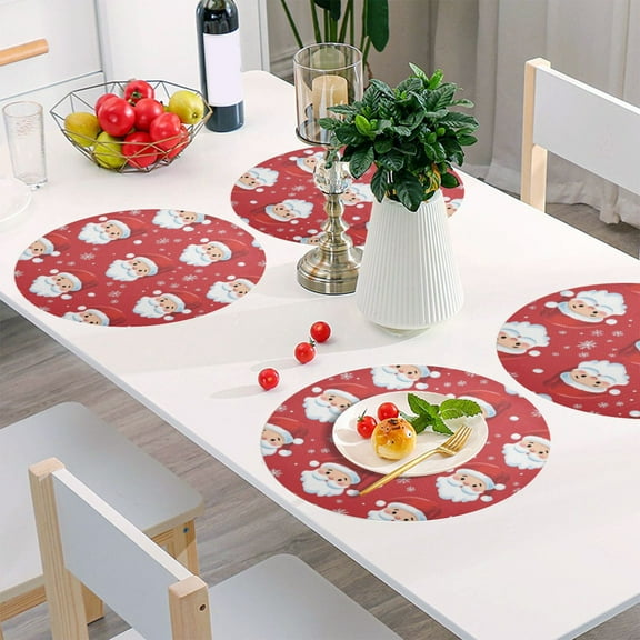 Round Grid Placemat ,One Sizex1, Round Placemat, PVC Plate Mat，15.4 Inch Non-Slip and Heat Resistant, Table Placemat, Dining Room Placemat Red Santa Face
