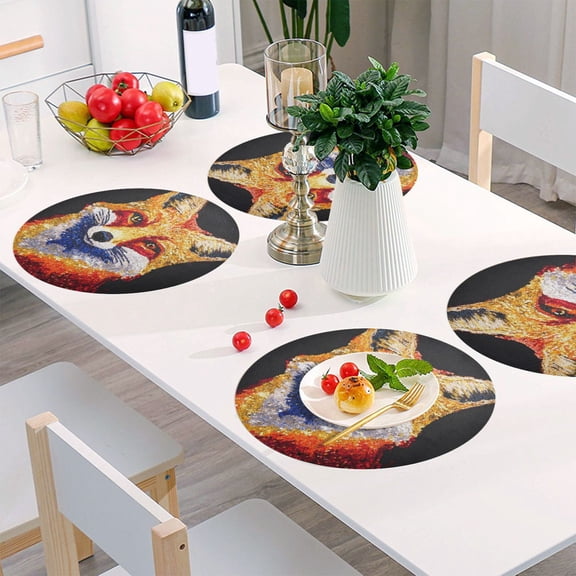 Round Grid Placemat ,One Sizex1, Round Placemat, PVC Plate Mat，15.4 Inch Non-Slip and Heat Resistant, Table Placemat, Dining Room Placemat Red Sequined Fox