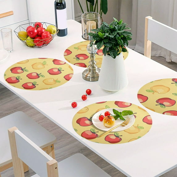 Round Grid Placemat ,One Sizex1, Round Placemat, PVC Plate Mat,15.4 Inch Non-Slip and Heat Resistant, Table Placemat, Dining Room Placemat Red and Yellow Apple