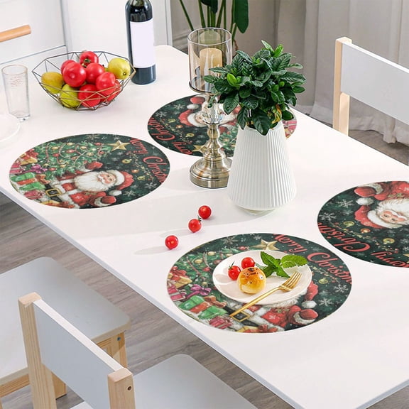 Round Grid Placemat ,One Sizex1, Round Placemat, PVC Plate Mat，15.4 Inch Non-Slip and Heat Resistant, Table Placemat, Dining Room Placemat Santa Presents Pictures