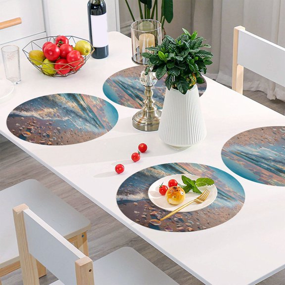 Round Grid Placemat ,One Sizex1, Round Placemat, PVC Plate Mat,15.4 Inch Non-Slip and Heat Resistant, Table Placemat, Dining Room Placemat Seashell Beach Scene