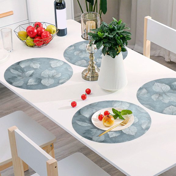 Round Grid Placemat ,One Sizex1, Round Placemat, PVC Plate Mat，15.4 Inch Non-Slip and Heat Resistant, Table Placemat, Dining Room Placemat Shiny Silver Frost Leaf
