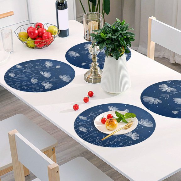 Round Grid Placemat ,One Sizex1, Round Placemat, PVC Plate Mat,15.4 Inch Non-Slip and Heat Resistant, Table Placemat, Dining Room Placemat Simple White Outline Daisies