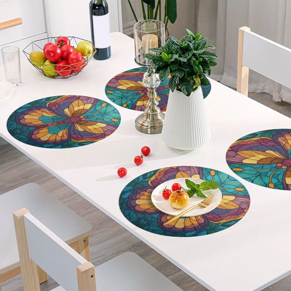 Round Grid Placemat ,One Sizex1, Round Placemat, PVC Plate Mat，15.4 Inch Non-Slip and Heat Resistant, Table Placemat, Dining Room Placemat Stained Glass Butterfly