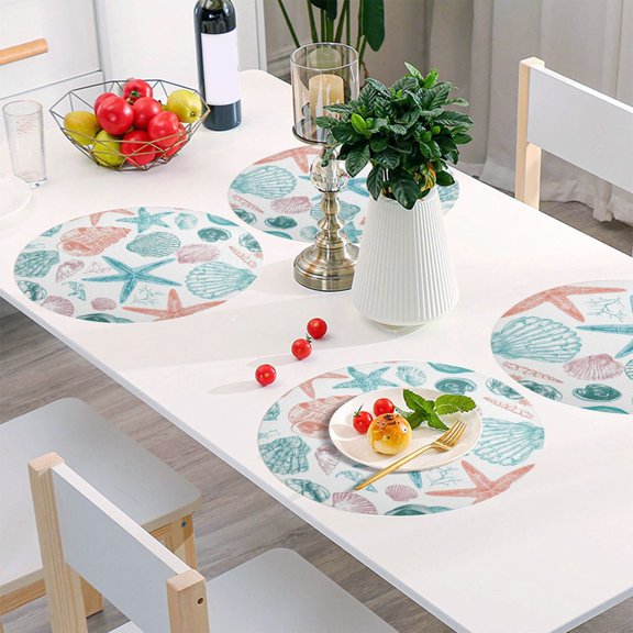 Round Grid Placemat ,One Sizex1, Round Placemat, PVC Plate Mat,15.4 Inch Non-Slip and Heat Resistant, Table Placemat, Dining Room Placemat Starfish and Shells Art