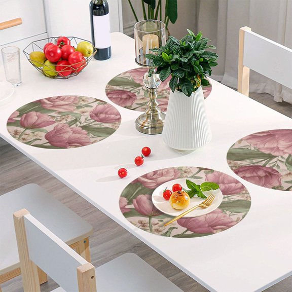 Round Grid Placemat ,One Sizex1, Round Placemat, PVC Plate Mat，15.4 Inch Non-Slip and Heat Resistant, Table Placemat, Dining Room Placemat Tulips Beautiful