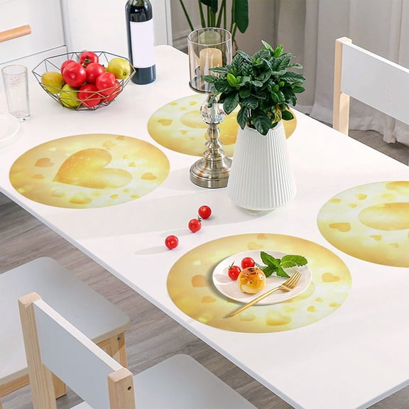 Round Grid Placemat ,One Sizex1, Round Placemat, PVC Plate Mat,15.4 Inch Non-Slip and Heat Resistant, Table Placemat, Dining Room Placemat Valentine's Day Yellow Love