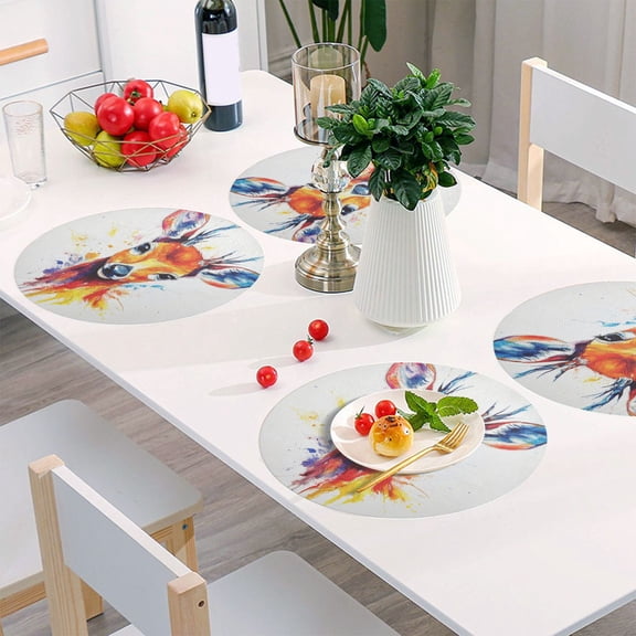 Round Grid Placemat ,One Sizex1, Round Placemat, PVC Plate Mat,15.4 Inch Non-Slip and Heat Resistant, Table Placemat, Dining Room Placemat Watercolor Cartoon Deer