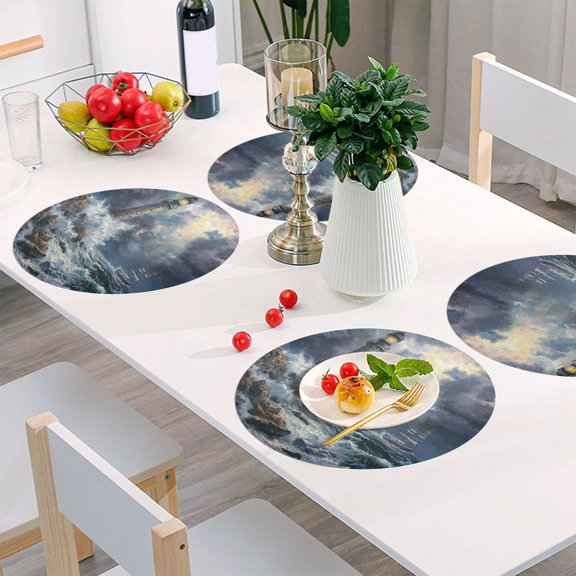 Round Grid Placemat ,One Sizex1, Round Placemat, PVC Plate Mat,15.4 Inch Non-Slip and Heat Resistant, Table Placemat, Dining Room Placemat Wave Lighthouse