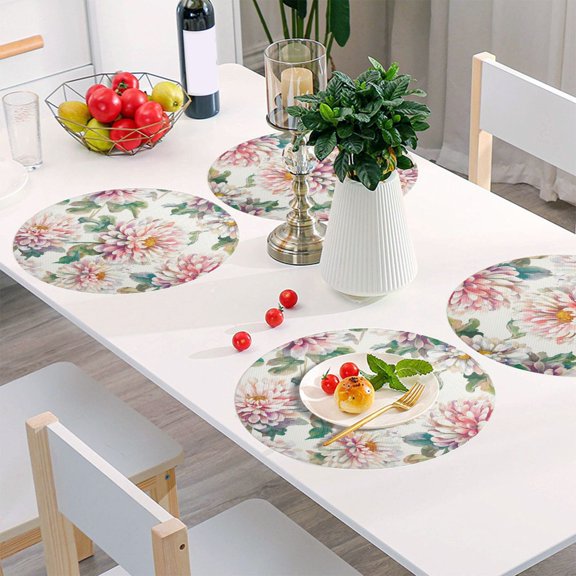 Round Grid Placemat ,One Sizex1, Round Placemat, PVC Plate Mat，15.4 Inch Non-Slip and Heat Resistant, Table Placemat, Dining Room Placemat White Chrysanthemums