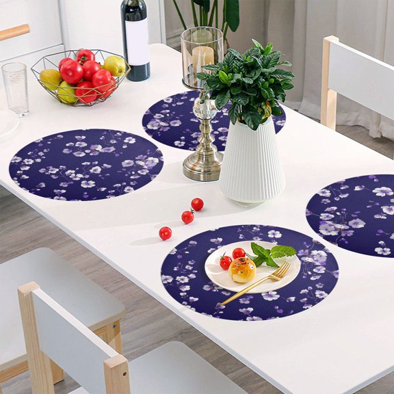 Round Grid Placemat ,One Sizex1, Round Placemat, PVC Plate Mat，15.4 Inch Non-Slip and Heat Resistant, Table Placemat, Dining Room Placemat White Flowers Highlight Art