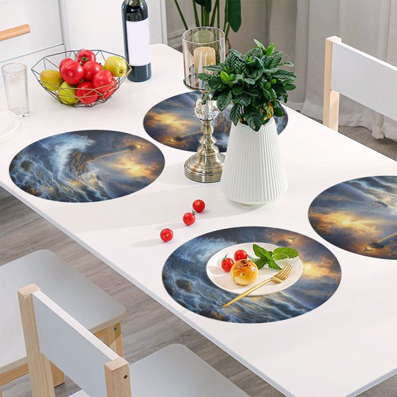 Round Grid Placemat ,One Sizex1, Round Placemat, PVC Plate Mat,15.4 Inch Non-Slip and Heat Resistant, Table Placemat, Dining Room Placemat Wind and Wave Lighthouse
