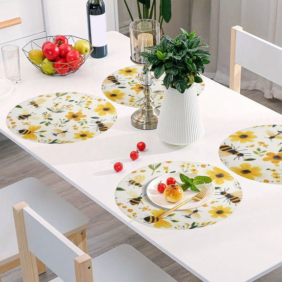 Round Grid Placemat ,One Sizex1, Round Placemat, PVC Plate Mat,15.4 Inch Non-Slip and Heat Resistant, Table Placemat, Dining Room Placemat Yellow Flowers and Bees