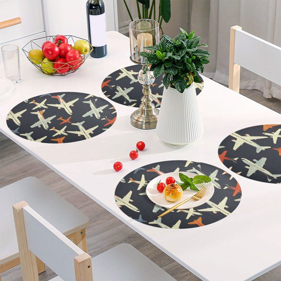 Round Grid Placemat ,One Sizex1, Round Placemat, PVC Plate Mat,15.4 Inch Non-Slip and Heat Resistant, Table Placemat, Dining Room Placemat Yellow Plane