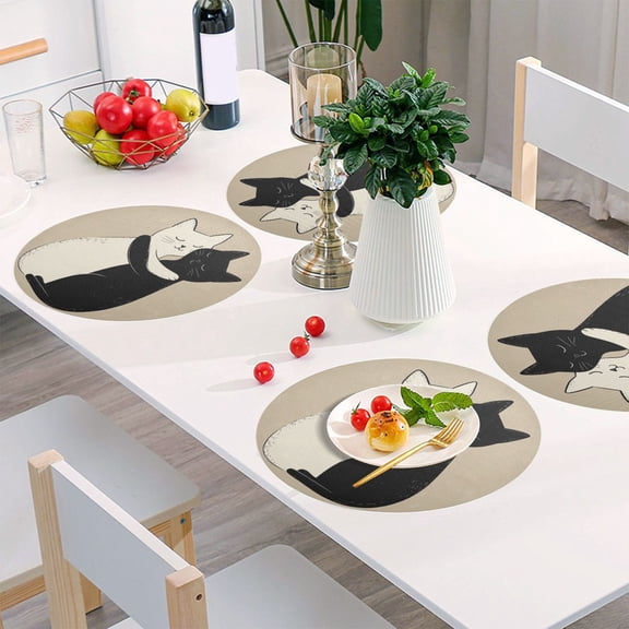 Round Grid Placemat ,One Sizex1, Round Placemat, PVC Plate Mat,15.4 Inch Non-Slip and Heat Resistant, Table Placemat, Dining Room Placemat Cuddle Cat