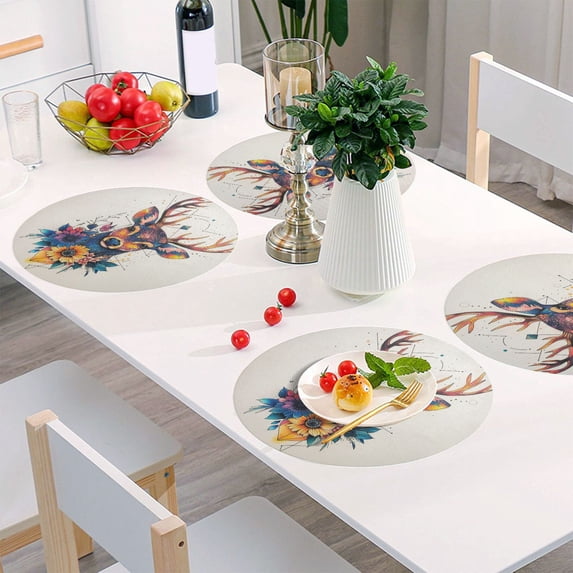 Round Grid Placemat ,One Sizex4, Round Placemat, PVC Plate Mat,15.4 Inch Non-Slip and Heat Resistant, Table Placemat, Dining Room Placemat Cool Colored Deer