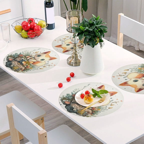 Round Grid Placemat ,One Sizex4, Round Placemat, PVC Plate Mat，15.4 Inch Non-Slip and Heat Resistant, Table Placemat, Dining Room Placemat Beautiful Little Orange Fox