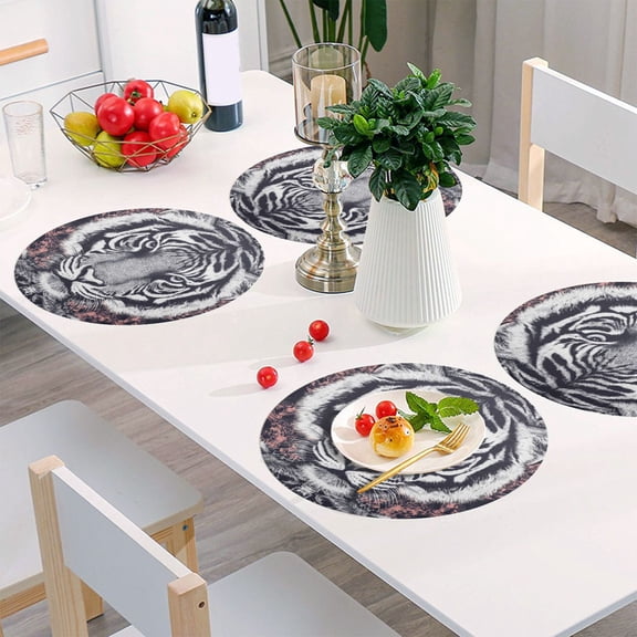 Round Grid Placemat ,One Sizex4, Round Placemat, PVC Plate Mat，15.4 Inch Non-Slip and Heat Resistant, Table Placemat, Dining Room Placemat Black and White Tiger