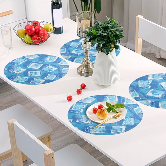 Round Grid Placemat ,One Sizex4, Round Placemat, PVC Plate Mat，15.4 Inch Non-Slip and Heat Resistant, Table Placemat, Dining Room Placemat Blue Ice Cube
